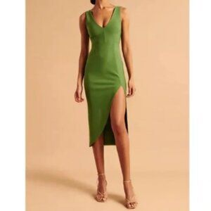 Abercrombie & Fitch Green Plunge V-neck Fitted Midi Dress Slit L Tall